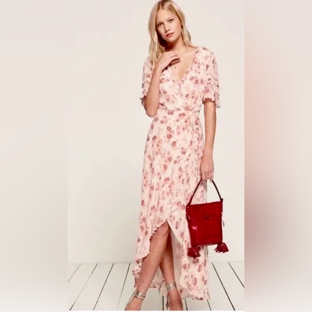Reformation Lottie High/Low Wrap Dress Laura Floral Print Frayed Ruffle  CL1